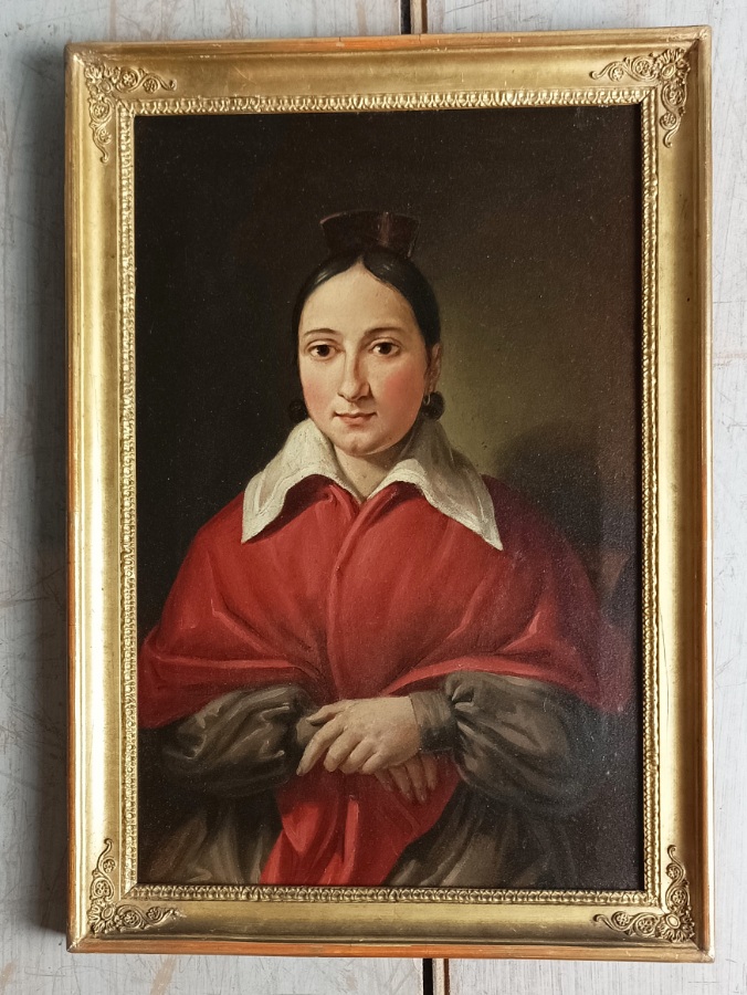 Italian School Oil Painting Portrait on Canvas Depicting a Young Woman wearing a Red Cape